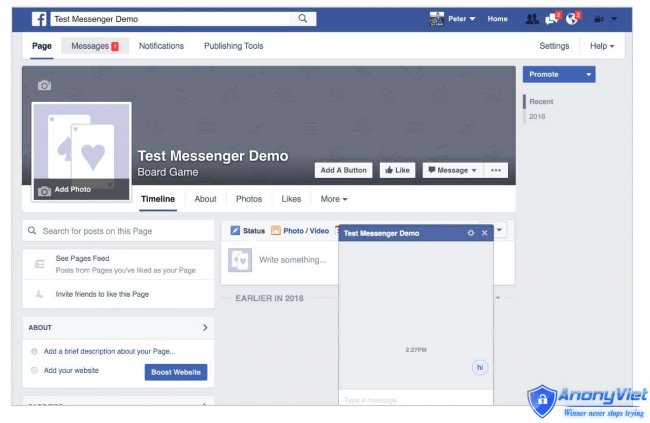 truy cập Facebook và click Message để bắt đầu chat