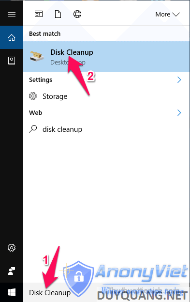 Click the Start menu button, then enter the keyword Disk Cleanup in the search box, then click the Disk Cleanup tool in the search results.