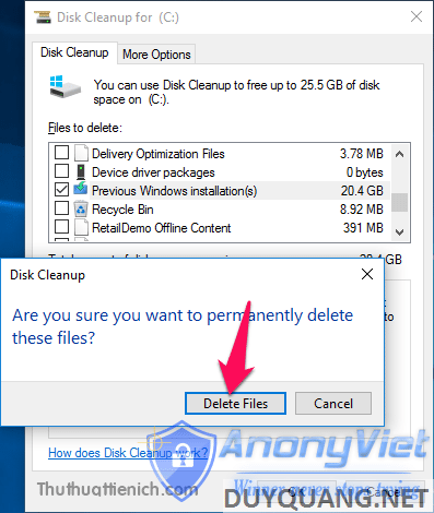 Click the Delete Files button to confirm