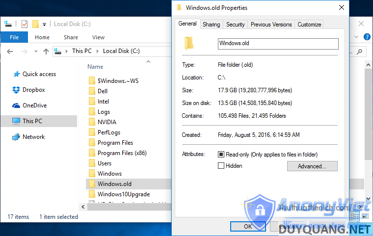 The Windows.old folder takes up more than 10 GB of disk space