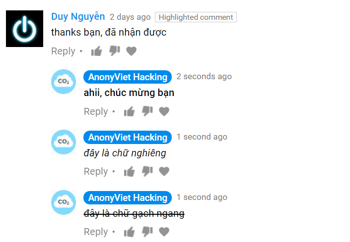 Instructions for writing bold, italic, strikethrough in Youtube comments