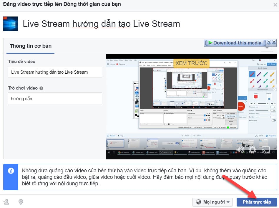 Instructions for Live Stream Facebook on computer screen