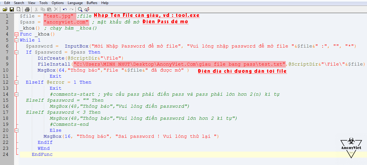 Share source code Autoit giấu file bằng Password 