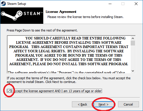 Instructions to download and register Steam to play copyrighted games