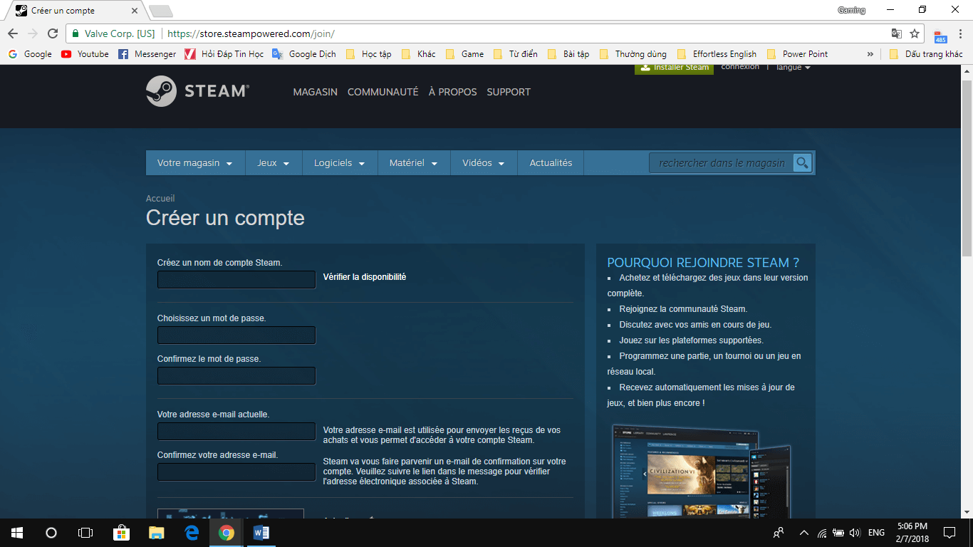 Instructions to download and register Steam to play copyrighted games