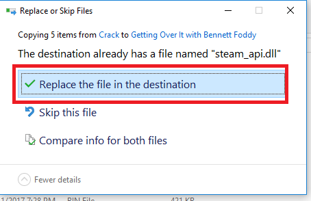 nhấn Replace the file in destination  để các file crack ghi đè lên thư mục cũ