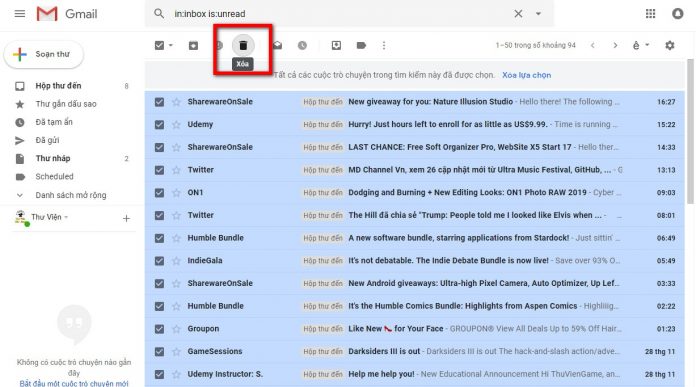 Instructions for deleting unread mail in Gmail very quickly