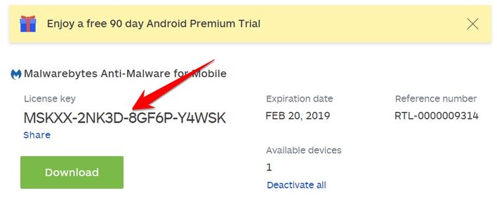 Malwarebytes for Android license
