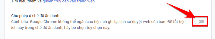 Kích hoạt tiện ích bằng cách bật Cho phép ở chế độ ẩn danh