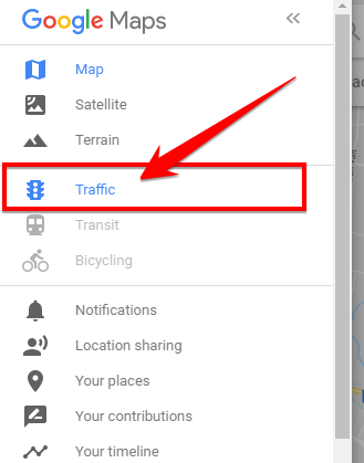 Select Traffic to see the traffic jams of the roads on the map