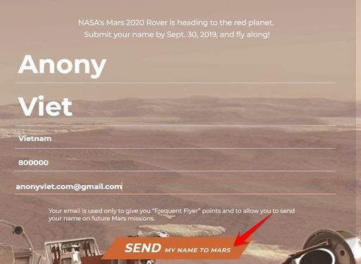 Địa chỉ Website đăng ký tên mình lên Sao Hỏa