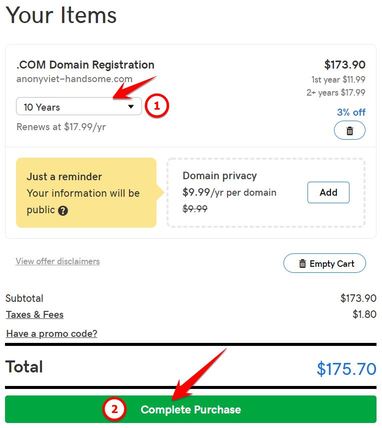 Godaddy's 10-year domain registration guide for free with BIN