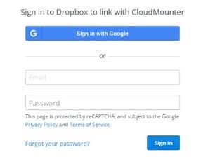 Log in to your account on CloudMounter's interface