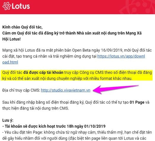 Nhận Email đăng nhập Kênh Lotus
