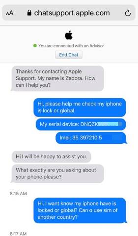 nội dung chat với apple để kiểm tra Iphone Lock hay World