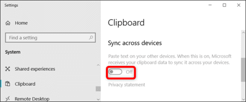 tắt đồng bộ clipboard windows 10