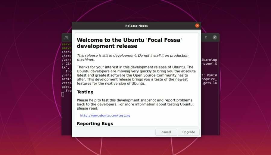 Upgrade to install Ubuntu version 20.04