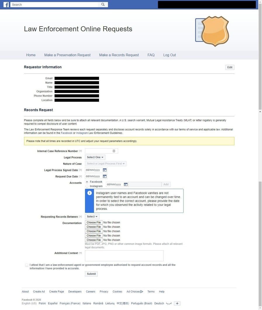Địa chỉ để cảnh sát yêu cầu Facebook cung cấp dữ liệu