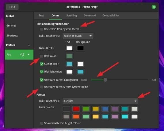 Change palette and transparency