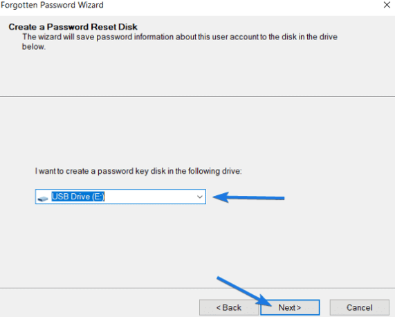 select USB drive to reset Password Windows 10