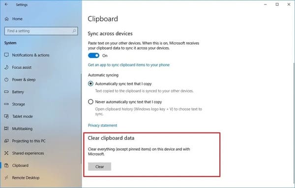 Cách xóa lịch sử của bộ nhớ tạm trên Windows 10