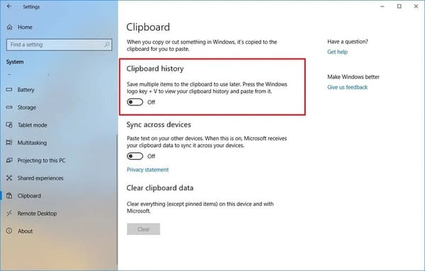 Turn off clipboard on Windows 10