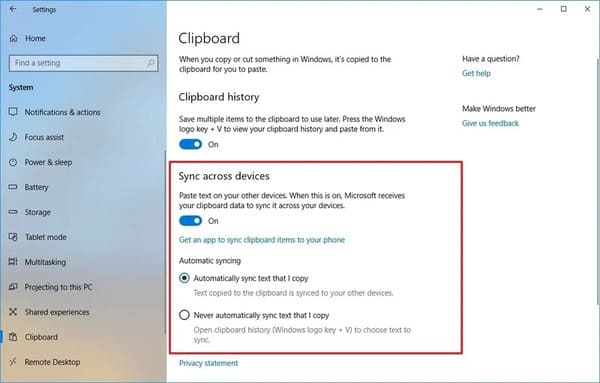 Cách đồng bộ lịch sử của bộ nhớ tạm trên Windows 10