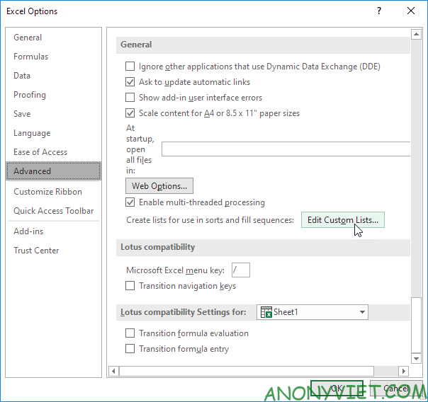 Chỉnh sửa Custom List Excel