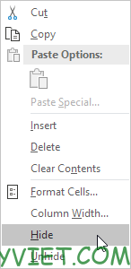 Chọn hide Excel
