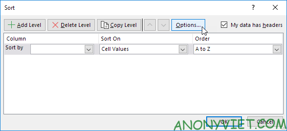 Select Option - Sort Excel dialog box