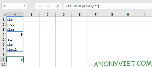 5. The COUNTIF function below counts the number of cells that contain text.