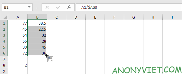 Kết quả Phép chia với 1 số cố định Excel