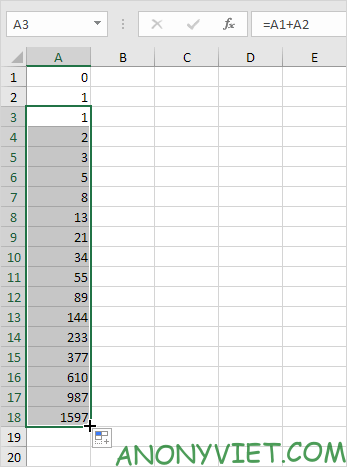 Fibonacci sequence in Excel