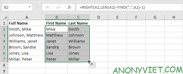 Kết quả Split Cell bằng Công thức Excel 