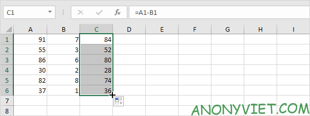 Kết quả Phép trừ 1 khoảng Excel