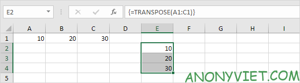 Kết quả sử dụng lệnh Transpose Excel