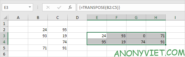 Transpose 1 bảng Excel