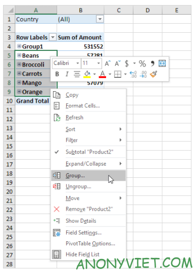 Bài 250: Cách Group Pivot Table Items trong Excel