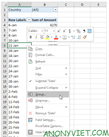 Bài 250: Cách Group Pivot Table Items trong Excel 14