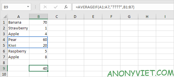 5. The AVERAGEIF function below calculates the average of all values ​​in the range B1:B7 if the corresponding cells in the range A1:A7 contain exactly 4 characters.  The question mark (?) represents a character.