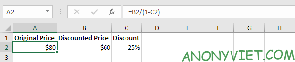 Kết quả tính giá gốc Excel