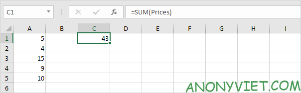 Sử dụng hàm sum với khoảng đã đặt tên Excel