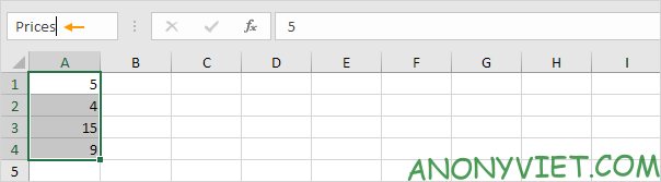 Nhập tên vào NameBox Excel