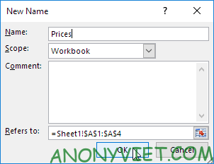 Nhập tên và nhấn OK Excel
