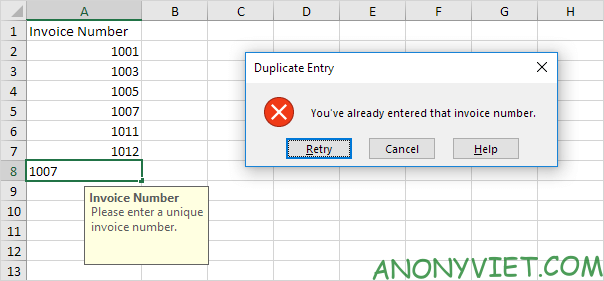 Bài 68: Thông báo khi người dùng nhập các giá trị trùng trong Excel