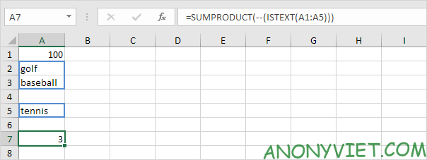 1 C.  You can also use the SUMPRODUCT function to count cells that contain text as shown below.