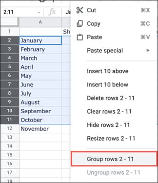 Cách Gom nhóm và bỏ Gom nhóm hàng và cột trong Google Sheets 12