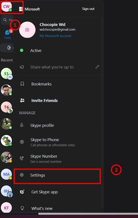 Chọn settings trong skype