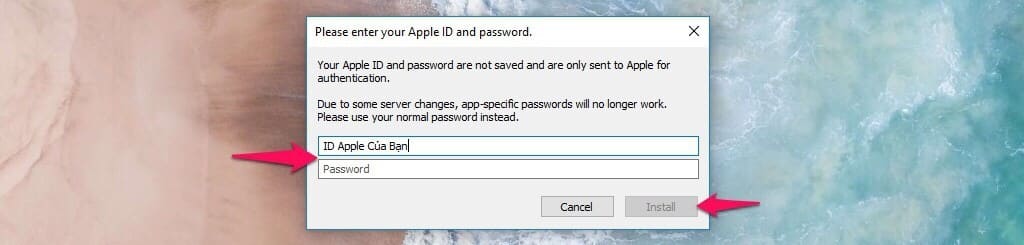 Nhập Appleid của bạn vào máy tính