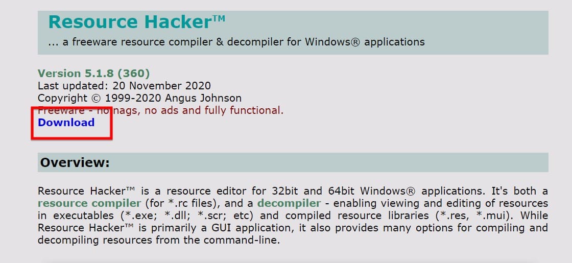 Download on Resource hacker's homepage